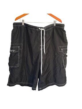 Mens Clothin Black Cargo Beach Shorts Size 40 With White Stitching & Drawstring